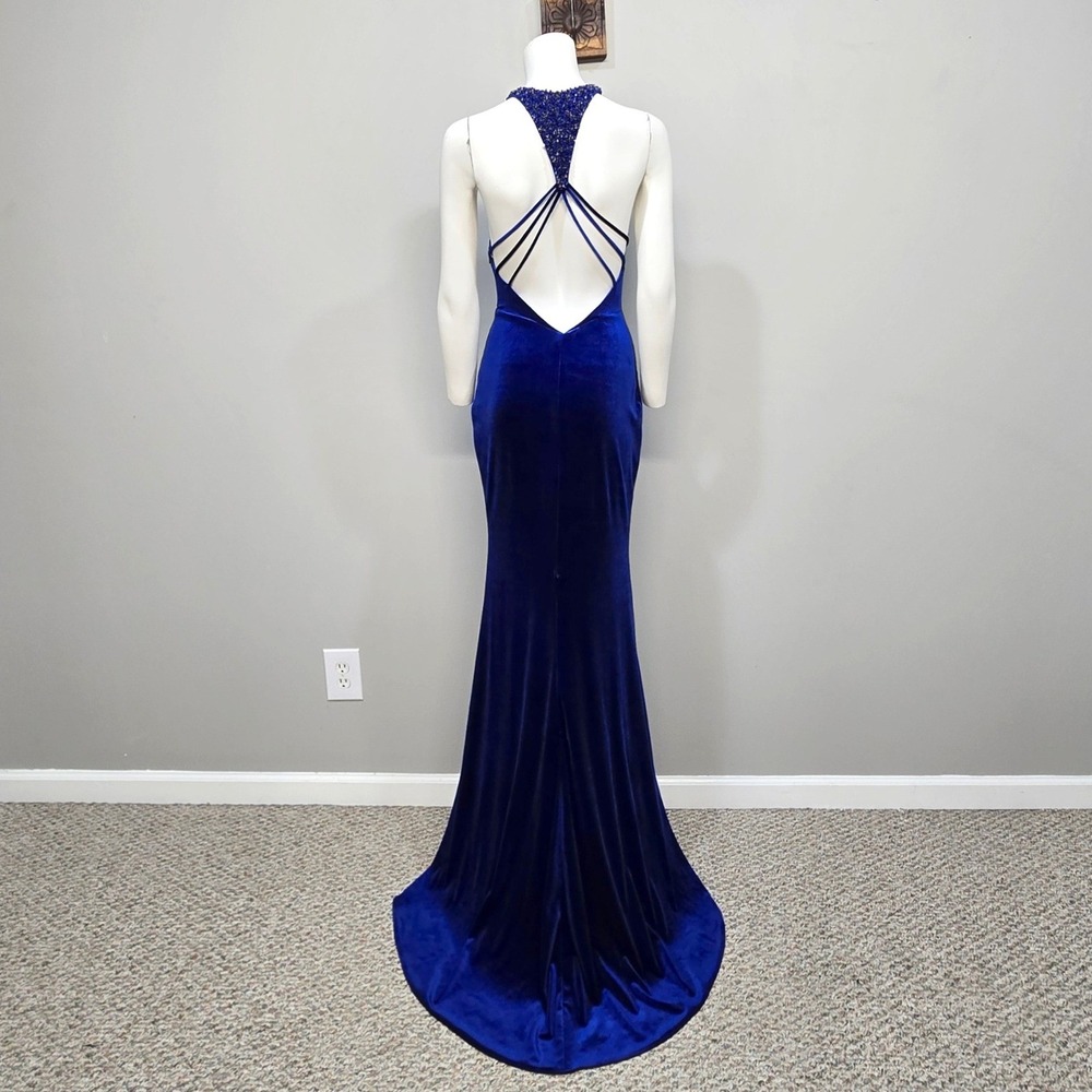 Alyce Paris Velvet Formal Dress 2 Royal Blue Beaded Open Back Train Prom NYE